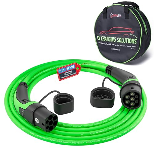 TEUTSCHTECH, Typ 2 Ladekabel – 5m 11 kW 16 A 3-phasig Mode 3 – EV Ladekabel für Wallbox & Ladestation – Elektroauto & Plug-in Hybrid – mit integrierter Temperaturüberwachung für erhöhten Brandschutz