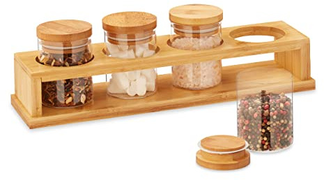 Relaxdays Gewürzbehälter Set, 4 Gewürzgläser, inkl. Deckel, Glas & Bambus, Zuckerdosen mit Halterung, Natur/transparent