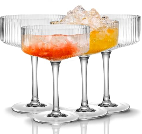 Qipecedm Juego de 4 copas acanaladas de 10 onzas, copas de cóctel vintage de 10 onzas, vaso de Martini único, galssware clásico de cóctel, juego de vasos de bar perfectos para cóctel, vino, champán y