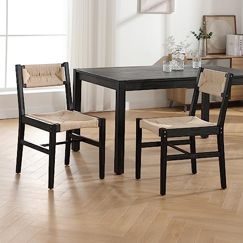 Wahson Esszimmertühle 2er Set Esszimmerstuhl mit Binsengeflecht Küchenstuhl Holz Massivholzstuhl für Esszimmer/Wohnzimmer, Schwarz
