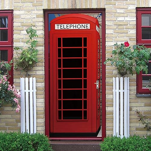 stickers paroi de douche 85x215cm(33.46 inches * 84.64 inches)Cabine téléphonique rouge 3D Stickers Porte Interieure Trompe l'oeil Poster Mural Effet Décoration Salon Cuisine Chambre Salle De Bain Pap