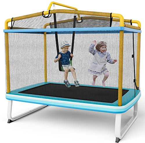 GOPLUS 3 in 1 Kindertrampolin, 190x124x222 cm Gartentrampolin Set mit Schaukel & Horizontalstange, Outdoortrampolin mit Sicherheitsnetz & Randabdeckung