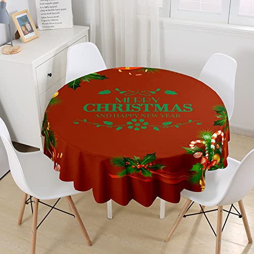 Hiseng Tovaglia Antimacchia Rotonda con Stampa Natalizia Rossa 3D, Tovaglia in Poliestere Impermeabile Adatto per Tavola da Pranzo Tonda/Tavolino, Decorazione di Natale (150cm,Agrifoglio Verde)