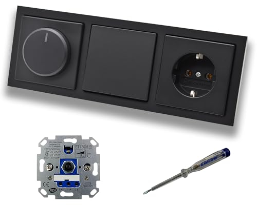 REV Ritter LED Drehdimmer Dimmer + Busch Jäger Dimmerscheibe 6540-885-102 + Kreuzschalter 2000/7US + Steckdose 20EUC-885 Future Linear schwarz matt + EBROM Phasenprüfer zur Montage der Geräte