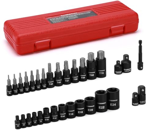 CASOMAN 32-Piece Torx Bit Socket and Female External Socket Set, 14 Star Bits (T8- T70) and 13 Female E-Torx Sockets (E4-E24), Include 5 Impact Socket Adapter
