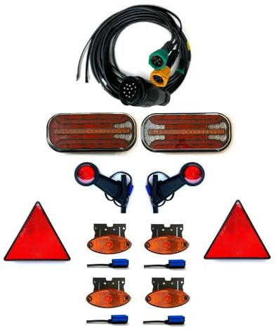 MelTruck Anhängerbeleuchtung Set – 2x LED Rückleuchte 6 Funk. Dynamischer Blinker + Umrissleuchten + Seitenleuchten + Kabelsatz 13-polig 4,5-11,5 m 12V/24V E9 (Kabel 9m/6,5m)