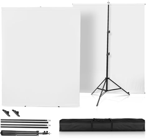 Foto Hintergründe Weiß mit Ständer, Heorryn 2 x 1,5 m Fotografie Hintergrund Ständer Kit mit Fotohintergrund Weiß für Fotoshoot Stream Gaming Photo Video Recording