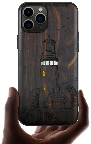 Carveit Étui pour iPhone 11 Pro Max Coque [Gravure en Bois et Incrustation de Coquille] Cover Compatible avec Apple 11 Pro Max Luxe et Case Etui Bois (Bois Sombre-Un Clignotant Leuchtturm)
