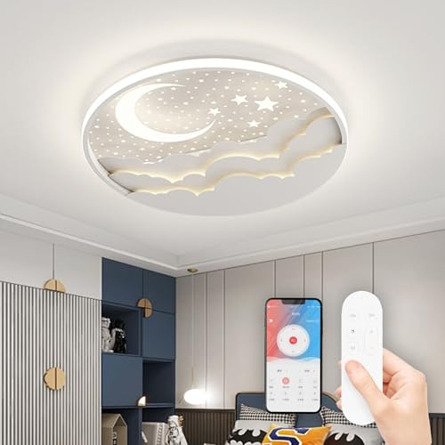 LED Kinder Deckenlampe Stern Mond Deckenlampe, Dimmbar Acryl Deckenleuchte Für Kinder Mit Fernbedienung, Modern Kinderzimmer Deckenbeleuchtung Junge Mädchen Schlafzimmer Deckenleuchte, Weiß, 50cm