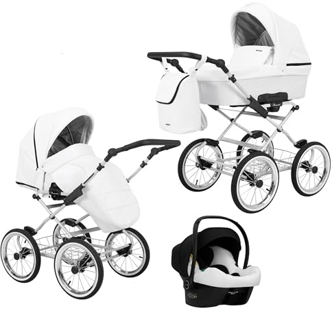 KUNERT Kinderwagen ROMANTIC retro Sportwagen Babywagen Autositz Babyschale Komplettset Kinder Wagen Set 2 in 1 und 3 in 1 (weiß eco- grauer rahmen, 3in1 Cosmo)