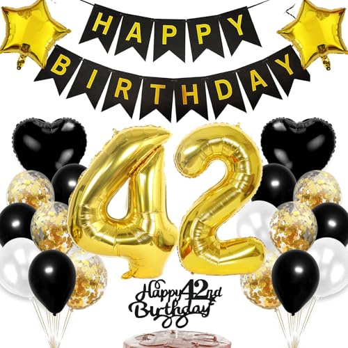 Ouceanwin Luftballon 42. Geburtstag Deko Mann, Ballons Geburtstagsdeko 42 Jahre Frauen, Schwarz Gold Tortendeko Happy Birthday Deko 42 Geburtstag Männer Frau, Ballons 42. Geburtstags Party Set