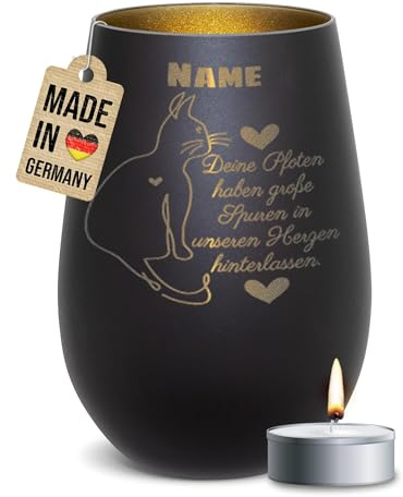 PR Print Royal Trauer Windlicht mit Gravur für Katzen - Spuren im Herzen - mit Name - Erinnerungslicht, Gedenklicht, Trauergeschenk | inkl. Teelicht, 450 ml, Schwarz/Gold