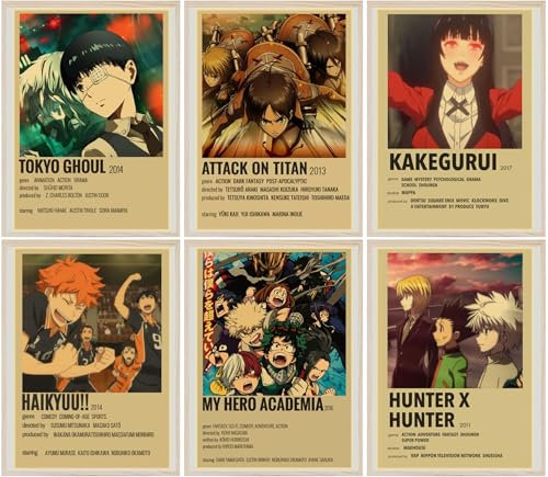 6 Stück Anime Poster, Drucke von Hunter x Hunter, Haikyuu und Attack on Titan, Anime Poster und Manga Poster für die Wanddekoration in Schlafzimmer, Wohnzimmer, Club, Anime Bilder für die Wand