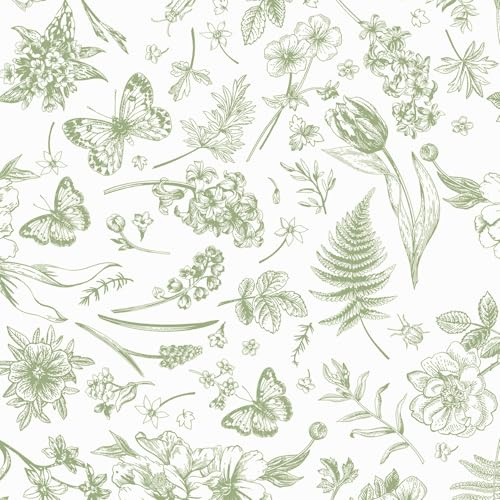 LiKiLiKi Papier peint autocollant rétro vert et beige à motif floral - 44 x 1000 cm - Papier peint autocollant imperméable et amovible - Papier peint en vinyle pour armoire, chambre à coucher, salon