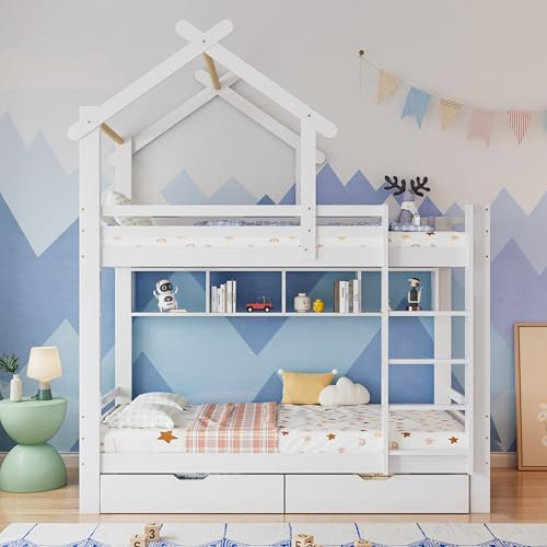 Moimhear 90 x 200 cm, letto a castello con cassetti e mensole, letto con scala ad angolo retto a tre livelli, lettino con protezione anticaduta e griglia, telaio in legno di pino, bianco
