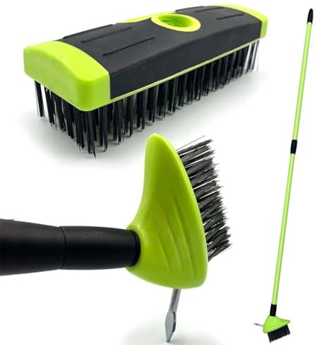 Garden Patio Weed Remover Tool Weed Brush, 3 in 1 Telescopic Extendable Handle, Wire Broom & Scraper, Patios Paving Brush, Outdoor Moss Algae Cleaning And Driveway (Green/Black)