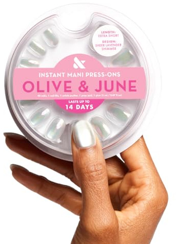 Olive & June Instant Mani Press-On Nails (Glue) | 42 Fake Nails, 21 Sizes | Non-Toxic, Long-Lasting Recycled Materials | Spring Flowers & Patterns | Extra Short, Round | Sheer Lavender Shimmer
