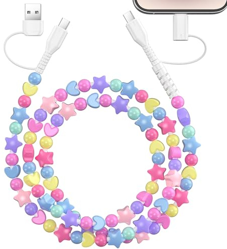 Coolden Multi USB Kabel, 4 in1 USB C iPhone Ladekabel Schnellladekabel mit Stern Perlen 1M Universelles Ladekabel für iPhone 13 14 15 16 17 Pro, für Galaxy S25/S24, für iPad10th./9th.Generation, Bunt