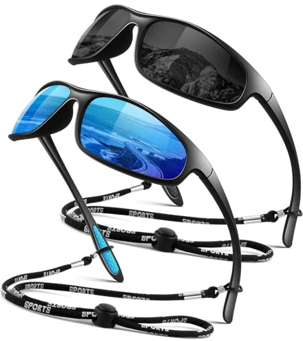 LINVO Solglasögon herr dam polariserade ultralätt linda runt sport UV400-skydd för cykling fiske, B02 svart grå + svart isblå, M