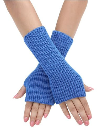 Fingerless Gloves Wrist Warmers Women Comfortable Arm Mitten Knit Gloves Lightweight Fingerless Gloves Warm Winter for Women Ladies Thumb Hole Wrist Warmers for Girls Ladies (Blue, One Size)