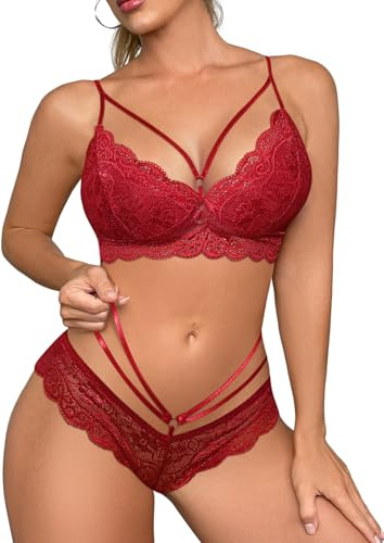 Yuson Girl Conjunto de Lencería Sexy Mujer 2 Piezas Bralette Sin Aros y Tanga Triangular Set de Malla Floral Transparente Ropa de Dormir Encaje Sensual Dessous Set(Rojo Vino, L)