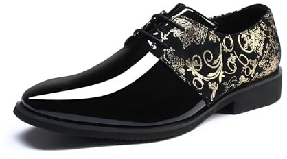 YFFUSHI Scarpe Uomo Formali Punta Affusolata Jacquard Pelle Lucida Derbys Affari Lacci Brogues Traspiranti, Nero Specchio e Oro Ricamati, 45