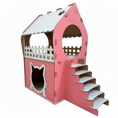 Katzenhaus XL 2 Etagen 66cm Balkon & Treppe, Stecksystem ohne Werkzeug 5 Min Aufbau, MDF Laserschnitt Katzenvilla Indoor, 5 Farbvarianten, für Katzen bis 5kg (Pink-Weiß)