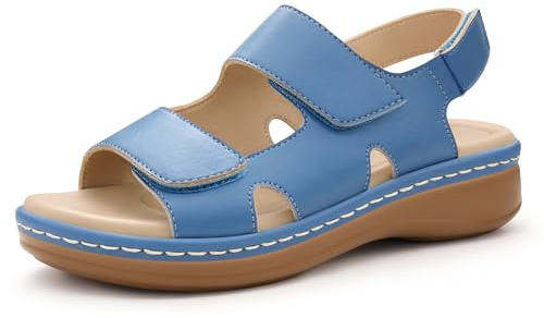 PIZZ ANNU Sandales Femme Été Confortable Compensées Chic Orthopédique à Scratch Nu-Pieds Semelle Souple pour Marche et Voyage Bleu EU 39