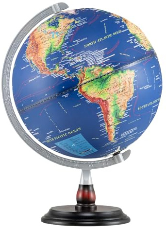 COSTWAY Globo Terraqueo con luz de 30 cm, Bola del Mundo Iluminado Giratorio con Soporte de Madera y Mapa en Inglés, Decoración de Escritorio Educativa Geográfica para Niños y Adultos, Azul Marino