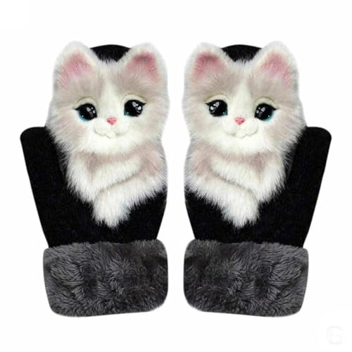 Simpatici guanti lavorati a mano per bambini, guanti invernali caldi e spessi a dita piene, per ragazze, guanti foderati in peluche a tema animale, per il freddo e il gioco all'aperto (adulti), Gatto