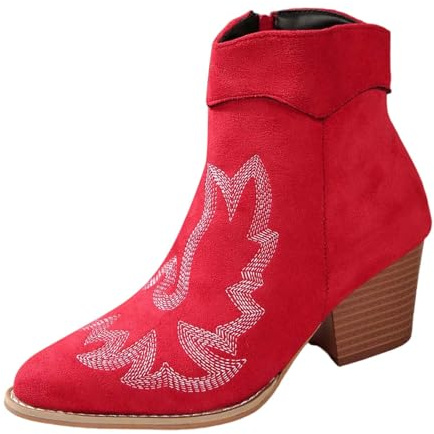 Generisch Women Mid Calf Boots Suede Retro Chunky Heel Ankle Boots Zipper Casual Fashion Shoes Autumn Winter Comfortable, red, 8 UK