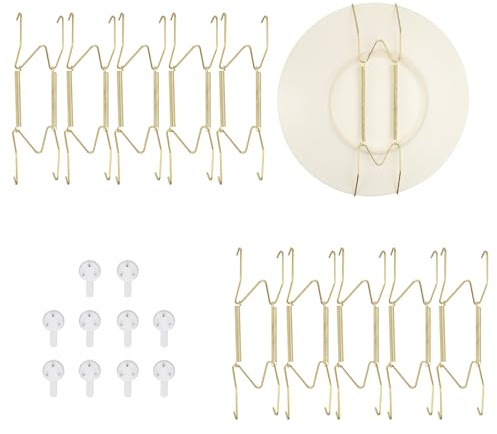 QUARKZMAN 10pcs Porte-Assiette, 7 Pouces Porte-Assiettes Universel En Acier Inoxydable Invisible Pour Mur Support En Forme De W Avec Clou Sans Trace Pour Decorations, Doré
