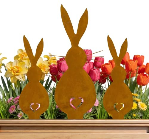SKIPTHYBER Osterhasen Gartenstecker, 3er Gartenstecker Rost Metall Hase Ostern Deko, 1 Große Osterhasen 2 Kleiner Hasen Blume Rostoptik Gartendeko für Blumentopf Terrasse Balkon Frühlingsdeko