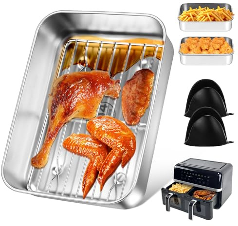 Pirofila in acciaio inox per Airfyer – con griglia di sgocciolamento, coperchio di tenuta e maniglie di protezione dal calore, teglia con colino, in acciaio inox per friggitrice ad aria, accessori per