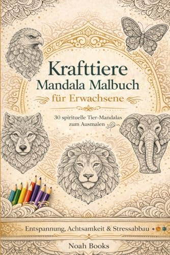 Krafttiere Mandala Malbuch für Erwachsene: Entspannung, Achtsamkeit & Stressabbau – 30 spirituelle Tier-Mandalas zum Ausmalen (inkl. Bedeutungen & Reflexionsfragen)