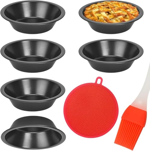 twirush 6 Pack Individual Pie Dishs, Pie Tins for Baking, 5 Round Non-Stick Mini Quiche Tin, Carbon Steel Oven-Safe Pie Tins with Oil Brush & Dish Cloths