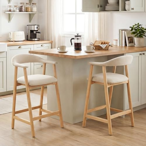 BALIAA Barhocker 2er Set mit Lehne, Massivholz Barstühle Gepolstert, Grau Leinenstoff Barsessel für Küche und Bar (Beige)