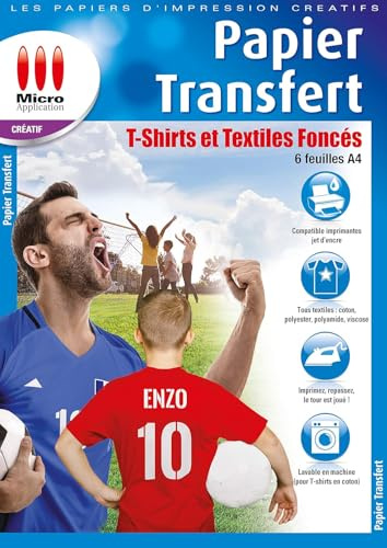 Papier Transfert pour Textile - Pochette 6 Feuilles A4 Papier Transfert pour T-shirts, Textiles Noirs et Couleurs, Papier Sulfurisé Incluse, Compatible Imprimantes Jet d'Encre - Micro Application