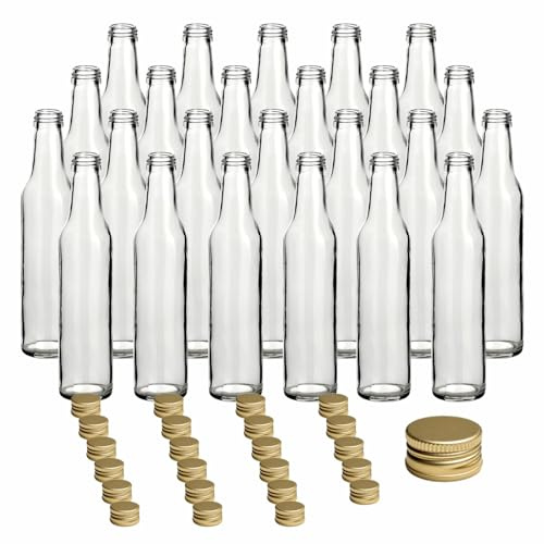 gouveo 24er Set Glasflasche 250 ml Bordeaux mit Schraub-Deckel goldfarben - Kleine Flasche aus Glas für Küche und Haushalt - Leere Flasche für Likör, Öl, Essig