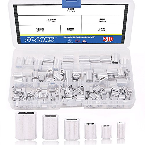 Glarks 210Pcs 6 Dimensioni Alluminio Doppio Barrel Puntale Crimping Loop Sleeve per Fune e Cavo Linea Fine Assortimento Kit