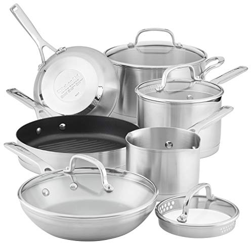KitchenAid 3-Ply Base Brushed Stainless Steel Induction Pots and Pans Set with Nonstick Round Grill Pan and Lids, Dishwasher Safe, 10 Piece Cookware Set, Brushed Stainless Steel