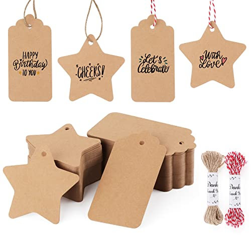 Anstore 200 etiquetas de papel de estraza con cuerda de yute de 15 m para regalos de bodas, fiestas y Navidad