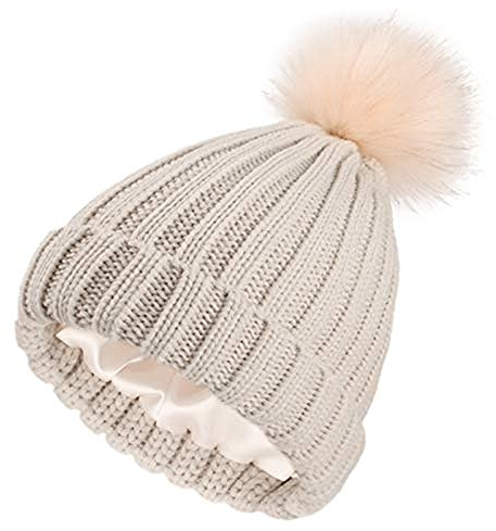 Moonumen Womens Winter Satin Lined Pom Hats Knitted Beanies with Detachable Pom Fur Hat Girls Silk Lined Winter Stretchy Warm Hat (Beige)