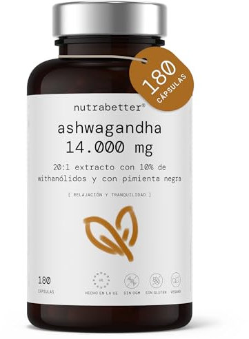 Ashwagandha 14000mg de concentración 20:1 del extracto de raíz de Withania Somnifera | 10% Withanólidos | 180 Cápsulas Veganas con Pimienta Negra | Ginseng Indio - Bienestar de tradición ayurvédica