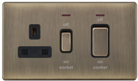 Selectric Screwless Antique Brass 45 Amp Cooker Unit with 13 Amp Switched Socket & LED Neons 5MPLUS