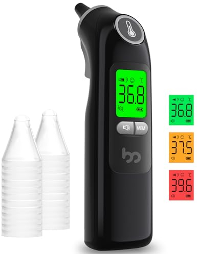 Termometro auricolare, Termometri da orecchio clinico per bambini neonati adulti, termometro digitale a infrarossi con 24 cappucci protettivi monouso (nero)