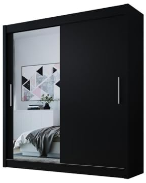 Easy4You D1 180 cm Schwarz Schiebetüren Kleiderschrank 180x215x58 cm mit Spiegel - Schlafzimmermöbel, Aufbewahrung - Mehrzweckschrank