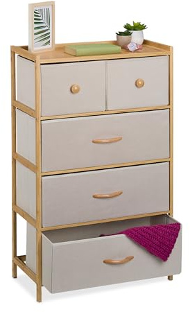 Relaxdays Cómoda de Bambú, 5 Cajones de Tela, Cajonera Pasillo, Aparador Dormitorio, 94x58x32,5 cm, Natural y Beige, Tablero de Fibras