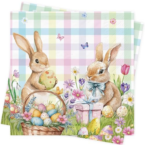Lot de 40 serviettes en papier pour décoration de table de Pâques, motif lapin de Pâques, décoration d'intérieur - 33 x 33 cm