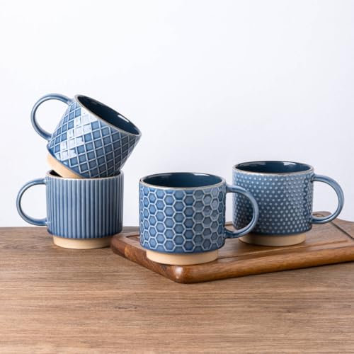 GBHOME Set of 4 Stackable Ceramic Coffee Mugs 350ml - Textured Modern Cups for Tea/Latte/Cappuccino, Dishwasher & Microwave Safe, Gift for Men/Women